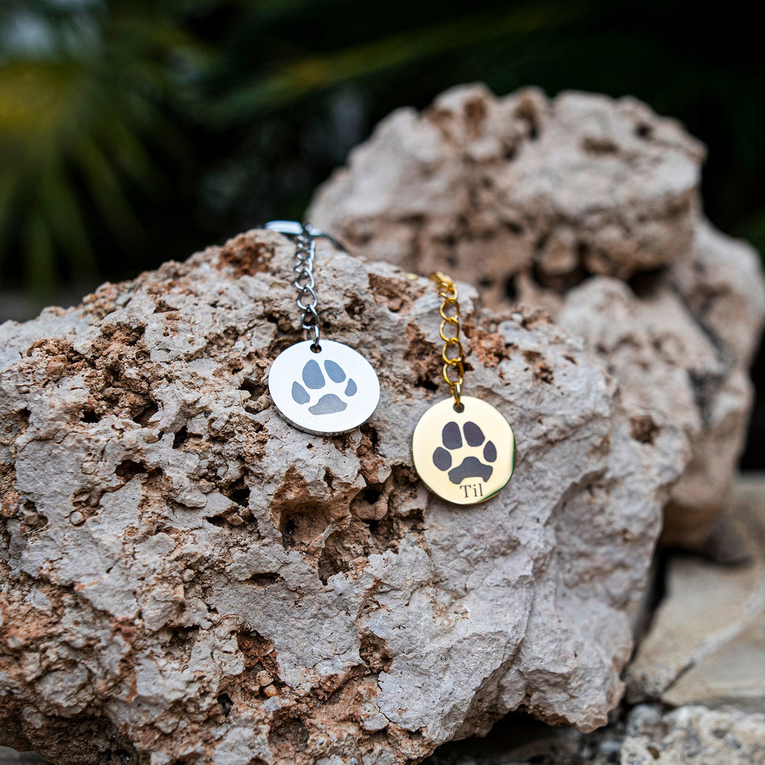 dos brazaletes de oro y plata  personalizados grabados con la huella de mascotas